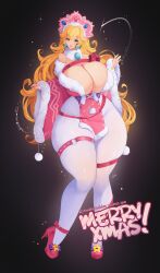 Rule 34 | 1girl, blonde hair, blue eyes, breasts, christmas, cleavage, curvy, earrings, female focus, full body, highres, huge breasts, jewelry, lips, long hair, looking at viewer, mario (series), nintendo, pantyhose, princess peach, solo, super star (mario), thick thighs, thigh strap, thighs, tundromaiden, wide hips