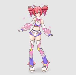 Rule 34 | 1girl, ahoge, belt, blush, breasts, cleavage cutout, clothing cutout, crop top, detached sleeves, drill hair, high collar, highres, ianxy2, kasane teto, knee pads, leg warmers, long sleeves, midriff, navel, pink hair, red eyes, see-through, see-through sleeves, shirt, shoes, shorts, sleeveless, sleeveless shirt, sleeves past wrists, small breasts, smile, sneakers, solo, thighhighs, twin drills, utau