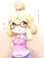 Rule 34 | 1girl, adjusting eyewear, animal crossing, arm behind back, artist name, bell, blonde hair, blue skirt, blush, blush stickers, breasts, brown-framed eyewear, dated, dog, flying sweatdrops, furry, furry female, furuya muku, glasses, hair bell, hair ornament, hair tie, hand on own face, hand up, isabelle (animal crossing), jingle bell, nintendo, open mouth, pink shirt, shirt, short hair, short sleeves, signature, skirt, small breasts, solo, standing, text focus, translation request