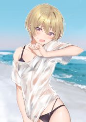 Rule 34 | 1girl, absurdres, beach, bikini, bikini under clothes, black bikini, blonde hair, blush, breasts, cleavage, day, hair between eyes, hand up, highres, idolmaster, idolmaster shiny colors, looking at viewer, outdoors, purple eyes, saijo juri, sand, see-through, see-through shirt, shirt, shirt tug, short hair, sinomi, small breasts, solo, standing, swimsuit, water, wet, wet clothes, wet shirt