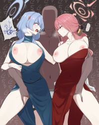 Rule 34 | 2girls, ako (blue archive), ako (dress) (blue archive), anger vein, angry, aru (blue archive), aru (dress) (blue archive), blue archive, blue dress, blue eyes, blue hair, blue halo, blush, breasts, breasts out, breath, cleavage, commentary request, demon horns, dress, fingering, gloves, halo, heavy breathing, hetero, highres, horns, huge breasts, large breasts, long hair, looking at another, multiple girls, nipple slip, nipples, official alternate costume, one breast out, open mouth, pink hair, plunging neckline, pussy juice, reach-around, red dress, simple background, sleeveless, sleeveless dress, standing, sweat, translation request, waku2kitchen, white gloves