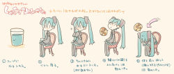 Rule 34 | 1girl, aqua hair, chibi, detached sleeves, drink, hatsune miku, hiccup, hinata (artist), how to, long hair, magamoto, necktie, sitting, translated, twintails, very long hair, vocaloid
