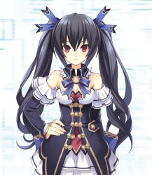 Rule 34 | 10s, 1girl, artist request, black hair, breasts, cleavage, detached collar, detached sleeves, dress, female focus, hair ornament, hair ribbon, hand on own hip, highres, long hair, looking at viewer, neptune (series), noire (neptunia), official art, red eyes, ribbon, simple background, solo, standing, straight hair, strapless, strapless dress, twintails, very long hair