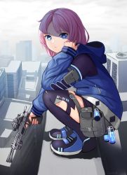 Rule 34 | 1girl, arknights, blue eyes, blue footwear, blue jacket, blue poison (arknights), blue poison (elite ii) (arknights), building, commentary, from side, gun, hand up, handgun, highres, holding, holding gun, holding weapon, hood, hood down, jacket, junshiki, long sleeves, looking at viewer, outdoors, pink hair, pistol, pouch, shoes, short hair, solo, squatting, weapon
