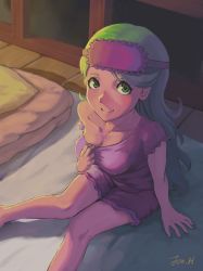 Rule 34 | 1girl, absurdres, blush, breasts, cleavage, creatures (company), dark skin, game freak, green eyes, green hair, highres, jonathan h, looking at viewer, mallow (pokemon), medium breasts, nintendo, on bed, pajamas, pokemon, pokemon (anime), pokemon sm (anime), sitting, smile