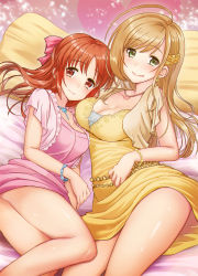 Rule 34 | 2girls, abe nana, ahoge, akai kagerou, bead bracelet, beads, blonde hair, blush, bow, bracelet, breasts, brown eyes, cleavage, clothes lift, collarbone, commentary request, dress, dress lift, earrings, frilled shirt, frills, green eyes, hair bow, hair ornament, hairclip, heart, highres, hip focus, idolmaster, idolmaster cinderella girls, idolmaster cinderella girls starlight stage, jewelry, licking lips, long hair, medium breasts, multiple girls, necklace, on bed, orange hair, parted bangs, pillow, pink bow, pink dress, sato shin, shirt, sidelocks, smile, sparkle, swept bangs, thighs, tongue, tongue out, yellow dress