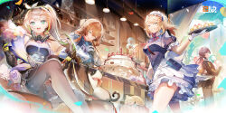 4girls anniversary aqua_eyes artist_request balloon blonde_hair blue_jacket bouquet breasts cake cat chinese_commentary chinese_text commentary_request confetti copyright_name flower food g36_(girls&#039;_frontline) girls&#039;_frontline girls&#039;_frontline_2:_exilium green_eyes green_hair hair_ribbon highres holding holding_bouquet indoors jacket logo long_hair maid maid_headdress multicolored_hair multiple_girls official_art orange_hair ponytail purple_hair red_eyes ribbon sharkry_(girls&#039;_frontline_2) side_ponytail springfield_(girls&#039;_frontline) streaked_hair tray two-tone_hair wa2000_(girls&#039;_frontline)