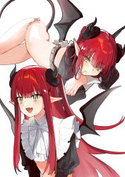 Rule 34 | 1girl, absurdres, black panties, blunt bangs, blush, butt crack, closed mouth, commentary, demon girl, demon horns, demon tail, demon wings, fang, frilled panties, frills, hair in own mouth, highres, horns, kitagawa marin, long hair, long sleeves, multiple views, open mouth, panties, pointy ears, red hair, rizu-kyun, simple background, skin fang, sono bisque doll wa koi wo suru, symbol-only commentary, tail, underwear, white background, wings, wumumu, yellow eyes