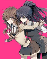 Rule 34 | 10s, 2girls, :q, akuma no riddle, braid, brown eyes, brown hair, glasses, green eyes, holding another&#039;s wrist, kenmochi shiena, licking lips, long sleeves, minakata sunao, multiple girls, necktie, official art, pantyhose, pink background, ponytail, purple hair, red-framed eyewear, restrained, scissors, smile, sweatdrop, takechi otoya, tongue, tongue out, twin braids, yuri
