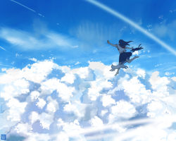 Rule 34 | 1girl, above clouds, bad id, bad pixiv id, barefoot, black cat, black hair, blue theme, cat, cloud, contrail, day, from behind, kurohal, long hair, original, outstretched arms, running, school uniform, serafuku, sky, spread arms, white cat