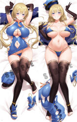 Rule 34 | 1girl, :q, bare shoulders, bikini, black gloves, black thighhighs, blonde hair, blue bikini, blue eyes, blue footwear, blue headwear, blush, bodycon, breasts, cleavage, closed mouth, collarbone, commentary request, dakimakura (medium), elbow gloves, female focus, from above, full body, gloves, grin, hat, high heels, large breasts, long hair, looking at viewer, lying, multiple views, navel, on back, original, police hat, smile, stomach, swimsuit, thighhighs, thighs, tongue, tongue out, underboob, uo denim, v, watermark