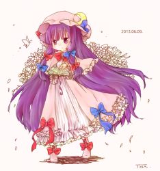 Rule 34 | 1girl, 2013, artist name, book, bow, bug, butterfly, crescent, dated, dress, frills, full body, hat, bug, long hair, patchouli knowledge, purple eyes, purple hair, solo, tisha (kimagurenukosan), touhou