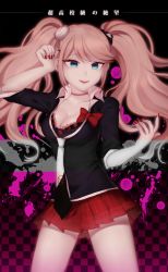 Rule 34 | 1girl, :d, arm up, bad hands, bear hair ornament, black bra, black choker, black necktie, black shirt, blonde hair, blue eyes, bow, bra, breasts, checkered background, choker, cleavage, commentary request, cowboy shot, danganronpa: trigger happy havoc, danganronpa (series), enoshima junko, hair ornament, hand up, highres, hiru (hyerrr), large breasts, legs apart, long hair, miniskirt, nail polish, necktie, open mouth, plaid, plaid skirt, red bow, red nails, shirt, skirt, sleeves rolled up, smile, solo, teeth, translation request, twintails, underwear, upper teeth only, white necktie