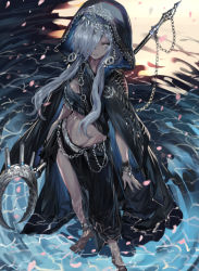 Rule 34 | anklet, bandeau, barefoot, bracelet, breasts, cape, chain, contrapposto, earrings, feet, hair ornament, hood, jewelry, long hair, midriff, navel, ran (bukeranwu), grey eyes, silver hair, small breasts, staff, strapless, tube top, water