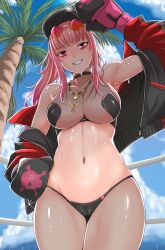 Rule 34 | 1girl, absurdres, armpits, baseball cap, blush, boxing gloves, breasts, cloud, grin, hat, highres, hololive, hololive english, jewelry, large breasts, long hair, looking at viewer, mori calliope, navel, necklace, nonoririn, outdoors, palm tree, parted lips, pink hair, red hair, see-through, sky, smile, solo, standing, sunglasses, sunglasses on head, sweat, tree, virtual youtuber