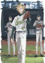 Rule 34 | 3boys, absurdres, backwards hat, baseball cap, baseball glove, baseball stadium, baseball uniform, blonde hair, border, closed mouth, day, faceless, faceless male, feet out of frame, green undershirt, grey eyes, hand up, hat, highres, ikuhana niiro, layered sleeves, long sleeves, looking at viewer, male focus, multiple boys, narrowed eyes, one outs, outdoors, pants, shirt, short over long sleeves, short sleeves, solo focus, spiked hair, sportswear, standing, tokuchi toua, white border, white pants, white shirt