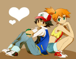 Rule 34 | 1boy, 1girl, ash ketchum, back-to-back, bad id, bad pixiv id, bare shoulders, black hair, brown background, brown eyes, child, creatures (company), denim, fingerless gloves, game freak, gloves, green eyes, hat, heart, jacket, midriff, misty (pokemon), mochi730, nintendo, orange hair, pokemon, pokemon (anime), pokemon (classic anime), shoes, shorts, side ponytail, simple background, sitting, sneakers, suspenders