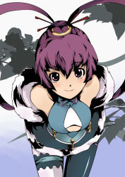 Rule 34 | 1girl, ar tonelico, ar tonelico iii, asymmetrical legwear, bare shoulders, breasts, detached sleeves, female focus, finnel (ar tonelico), gokashi, gradient background, gust, hair ornament, mismatched legwear, multicolored clothes, multicolored legwear, purple eyes, purple hair, solo, thighhighs, twintails