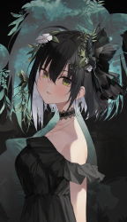 Rule 34 | 1girl, ahoge, arms at sides, black dress, black hair, butterfly hair ornament, character request, copyright request, dark background, dress, flower, frilled dress, frills, from side, green eyes, hair flower, hair ornament, highres, light blush, looking at viewer, parted lips, shadow, short hair, smile, solo, soya (torga), tree