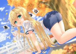 Rule 34 | absurdres, albacore (azur lane), ass, azur lane, blonde hair, blurry, blurry background, blush, bottle, buruma, commentary request, day, green eyes, gym uniform, hair between eyes, highres, kneeling, leaf, long hair, looking at viewer, open mouth, sironora, sports festival, tree, twitter username, water bottle