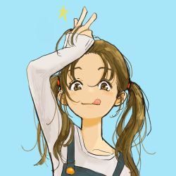 Rule 34 | 1girl, :q, aqua background, arm up, blush, brown eyes, brown hair, closed mouth, hair between eyes, hand up, highres, long hair, long sleeves, looking at viewer, messy hair, original, overalls, sako (35s 00), shirt, simple background, smile, solo, star (symbol), tongue, tongue out, twintails, w, white shirt