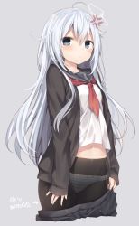 Rule 34 | 10s, 1girl, anchor symbol, anger vein, black pantyhose, black skirt, blush, cardigan, check translation, commentary request, cropped legs, grey eyes, hibiki (kancolle), highres, kantai collection, komeshiro kasu, long hair, long sleeves, looking at viewer, midriff, midriff peek, navel, neckerchief, panties, panties under pantyhose, pantyhose, pleated skirt, sailor collar, silver hair, skirt, sleeves past wrists, solo, striped clothes, striped panties, translation request, underwear