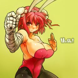 Rule 34 | 1girl, alternate costume, animal ears, armpits, backless outfit, bandages, bare arms, bare shoulders, black pantyhose, breasts, bun cover, cleavage, double bun, fake animal ears, female focus, fighting stance, hair bun, ibaraki kasen, large breasts, leotard, looking at viewer, pantyhose, pink eyes, pink hair, playboy bunny, rabbit ears, red leotard, sachito, solo, touhou
