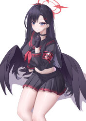 Rule 34 | 1girl, absurdres, armband, black choker, black gloves, black hair, black sailor collar, black serafuku, black skirt, black wings, blue archive, blush, breasts, choker, cropped shirt, feathered wings, gloves, grin, hair ornament, hairclip, halo, hand on own chin, highres, ichika (blue archive), kaijiba, large breasts, long hair, long sleeves, looking at viewer, low wings, midriff, neckerchief, pleated skirt, red armband, red halo, red neckerchief, red trim, sailor collar, school uniform, serafuku, shadow, simple background, sitting, skirt, smile, solo, teeth, thighs, white background, wings