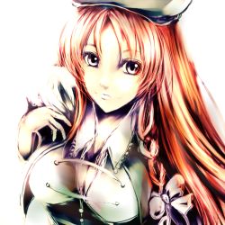 Rule 34 | 1girl, :3, bow, braid, breasts, cleavage, female focus, hat, hong meiling, large breasts, long hair, red hair, ribbon, ryuufa, solo, touhou
