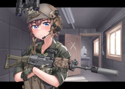 Rule 34 | 1girl, ammunition pouch, assault rifle, averting eyes, blue eyes, blush, breasts, brown hair, bulletproof vest, camouflage, closed mouth, door, green shirt, gun, helmet, highres, holding, holding gun, holding weapon, indoors, kzm (sub-moa works), looking at viewer, medium breasts, military, night-vision device, original, pouch, rifle, shirt, short hair, sig sauer, sig sg552, sleeves rolled up, soldier, solo, suppressor, upper body, vest, weapon, window