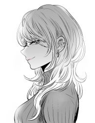 Rule 34 | 1girl, close-up, ear piercing, earrings, from side, greyscale, hair over one eye, hair over shoulder, highres, hoop earrings, jewelry, lipstick, long hair, looking at viewer, makeup, monochrome, oshi no ko, piercing, profile, red lips, ribbed sweater, saitou miyako, sideways glance, simple background, smile, solo, spot color, sweater, turtleneck, turtleneck sweater, upper body, white background, yokoyari mengo