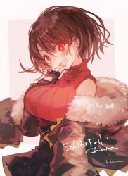 Rule 34 | 1girl, alternate universe, arm at side, artist name, bare shoulders, black gloves, black jacket, black skirt, blush, breasts, bright pupils, brown hair, chara (undertale), character name, commentary request, ear piercing, fang, fingerless gloves, fur-trimmed jacket, fur trim, genderswap, genderswap (otf), gloves, hair behind ear, hand up, high-waist skirt, highres, jacket, kasuga haruhi, large breasts, long sleeves, looking at viewer, open clothes, open jacket, open mouth, piercing, pink background, red eyes, red sweater, simple background, skin fang, skirt, sleeveless, sleeveless sweater, smile, solo, sweater, sweater tucked in, turtleneck, turtleneck sweater, two-tone background, undertale, upper body, v-shaped eyebrows, white background, white pupils