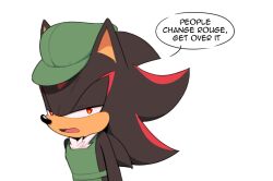 Rule 34 | 1boy, english text, furry, furry male, green hat, half-closed eyes, hat, highres, male focus, open mouth, shadow the hedgehog, simple background, solo, sonic (series), speech bubble, the murder of sonic the hedgehog, toonsite, white background