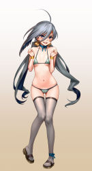 Rule 34 | 10s, 1girl, ahoge, alternate costume, ankle bow, ankle ribbon, as109, bikini, blush, bow, bowtie, breasts, cameltoe, choker, collarbone, covered erect nipples, full body, gradient background, green bikini, grey eyes, grey hair, grey thighhighs, hair between eyes, hair ribbon, highres, kantai collection, kiyoshimo (kancolle), knees together feet apart, leg ribbon, long hair, looking at viewer, low twintails, micro bikini, navel, open mouth, pigeon-toed, polka dot, polka dot bikini, polka dot swimsuit, revision, ribbon, ribbon choker, sandals, simple background, skindentation, small breasts, smile, solo, swimsuit, thigh gap, thighhighs, tsurime, twintails, very long hair, wristband