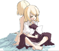 Rule 34 | 2girls, alice margatroid, arm support, back-to-back, bare shoulders, barefoot, bed, bed sheet, blonde hair, blush, clothed female nude female, covering privates, crossed legs, feet, female focus, hair ribbon, hat, holding, kirisame marisa, legs, multiple girls, nude, oekaki, ribbon, ruined for marriage, sad, sakuraba yuuki, short hair, simple background, touhou, under covers, witch hat, yellow eyes, yuri