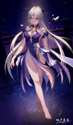 Rule 34 | 1girl, absurdres, bare legs, bare shoulders, barefoot, bracelet, breasts, bug, chenghuzongsi, cleavage, dress, dutch angle, full body, genshin impact, glowing, hair ornament, highres, insect, jewelry, long hair, looking at viewer, medium breasts, moth, night, night sky, ningguang (genshin impact), nipples, parted bangs, parted lips, pelvic curtain, purple dress, red eyes, ripples, sky, smile, solo, standing, standing on liquid, tassel, tassel hair ornament, thighs, toes, white hair