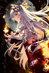 Rule 34 | 1girl, arm strap, artist name, bow, burnt clothes, closed mouth, commentary, feet out of frame, fire, forest, from side, fujiwara no mokou, full moon, hair bow, highres, huge moon, juliet sleeves, long hair, long sleeves, looking at viewer, moon, nature, night, ofuda, ofuda on clothes, outdoors, pants, puffy sleeves, pyrokinesis, red bow, red eyes, red pants, sakizaki saki-p, solo, touhou, very long hair, white bow, white hair