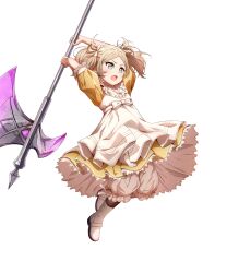 Rule 34 | 1girl, aged down, attack, axe, blonde hair, bloomers, bloomers (victorian), dress, fire emblem, fire emblem awakening, fire emblem heroes, frilled dress, frills, green eyes, hair ribbon, highres, holding, lissa (child) (fire emblem), lissa (fire emblem), lunging, nintendo, non-web source, open mouth, ribbon, solo, swinging, twintails, underwear, v-shaped eyebrows, white footwear, yellow dress