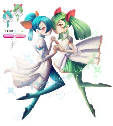 Rule 34 | 1boy, 1girl, absurdres, alternate color, aqua hair, armlet, blush, bracelet, character name, commentary, creatures (company), dancing, endifi, english commentary, game freak, gen 3 pokemon, green hair, green pantyhose, green skirt, hair bun, hair over one eye, highres, holding hands, humanization, jewelry, kirlia, nintendo, pantyhose, pokemon, red eyes, shiny and normal, shiny pokemon, skirt, smile, twintails, white background