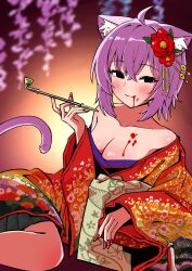 Rule 34 | 1girl, ahoge, animal ears, bare shoulders, black eyes, blood, blush, breasts, cat ears, cat girl, cat tail, chun 1234567, cleavage, flower, hair flower, hair ornament, highres, hololive, japanese clothes, kimono, kiseru, large breasts, looking at viewer, nail polish, nekomata okayu, purple hair, red nails, short hair, smile, smoking pipe, solo, tail, virtual youtuber