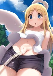 Rule 34 | 1girl, 1other, angel, angel wings, arisu kazumi, arms behind back, bike shorts, blonde hair, blue eyes, blush, broken halo, censored, cleft of venus, cloud, crimvael, halo, ishuzoku reviewers, long hair, navel, parted lips, pee, peeing, pussy, shirt, shorts, sky, solo, sweatdrop, toga, tree, white shirt, wind, wind lift, wings