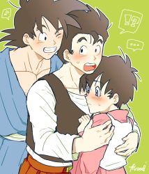 Rule 34 | !?, ..., 1girl, 2boys, :o, ;d, bad id, bad pixiv id, black eyes, black hair, blush, casual, couple, dragon ball, dragonball z, embarrassed, family, father and son, green background, grin, hug, multiple boys, muraosa (conjecture), muscular, musical note, one eye closed, open mouth, quaver, short hair, simple background, smile, son gohan, son goku, speech bubble, spiked hair, spoken ellipsis, spoken interrobang, spoken musical note, sweatdrop, teeth, videl