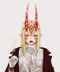 Rule 34 | 1girl, blonde hair, brown jacket, chinese commentary, cigarette, commentary request, facial mark, fate/grand order, fate (series), forehead mark, gloves, grey background, grey shirt, holding, holding cigarette, horns, ibaraki douji (fate), jacket, long hair, looking at viewer, oni, oni horns, open clothes, open jacket, open mouth, orange eyes, pointy ears, rabbit king, sharp teeth, shirt, simple background, smoke, solo, straight-on, teeth, unbuttoned, unbuttoned shirt, upper body