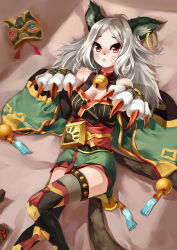 Rule 34 | 1girl, absurdres, animal ears, animal hands, bell, blush, breasts, cat ears, cat paws, cat tail, character request, cleavage, closed mouth, collar, facial mark, grey hair, highres, large breasts, long hair, looking at viewer, lying, neck bell, on back, onmyoji, panye, red eyes, solo, tail, whisker markings