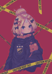 Rule 34 | 1girl, abigail williams (fate), abigail williams (traveling outfit) (fate), black bow, black jacket, blonde hair, blue eyes, blush, bow, caution tape, character name, closed mouth, commentary request, cropped torso, crossed bandaids, fate/grand order, fate (series), hair bow, hair bun, heroic spirit traveling outfit, highres, hikeru (hikerumin), jacket, keep out, key, long hair, long sleeves, looking at viewer, multiple hair bows, hugging object, official alternate costume, orange bow, parted bangs, polka dot, polka dot bow, red background, simple background, single hair bun, sleeves past fingers, sleeves past wrists, solo, star (symbol), stuffed animal, stuffed toy, teddy bear