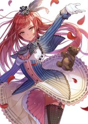 Rule 34 | 1girl, black thighhighs, colored eyelashes, dress, garter straps, gloves, highres, jewelry, kim eb, long hair, looking at viewer, original, pink hair, ring, solo, striped, stuffed animal, stuffed toy, teddy bear, thighhighs, transparent background, vertical stripes, white gloves, yellow eyes