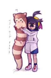 Rule 34 | 1boy, ?, ahoge, black hair, chiimako, child, colored inner hair, creatures (company), crossed bangs, eyebrows hidden by hair, full body, furret, game freak, gen 2 pokemon, hair between eyes, hair ornament, hairband, hands up, holding, holding pokemon, jacket, japanese text, kieran (pokemon), legs, long sleeves, looking afar, looking at another, male focus, mole, mole on neck, multicolored hair, neck, necktie, nintendo, open mouth, pokemon, pokemon (creature), pokemon sv, red hair, red necktie, school uniform, shoes, shorts, sidelocks, simple background, size difference, sneakers, standing, translation request, two-tone hair, white background, white footwear, white jacket, white shorts, yellow eyes, yellow hairband