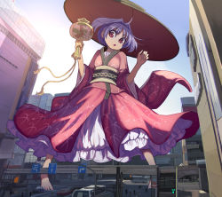 Rule 34 | 1girl, barefoot, bowl, bowl hat, building, car, city, cityscape, commentary request, giant, giantess, hat, highres, holding, japanese clothes, kimono, lamppost, miracle mallet, motor vehicle, obi, open mouth, outdoors, petticoat, purple hair, red eyes, red kimono, road, road sign, sash, short hair, sign, sky, solo, sukuna shinmyoumaru, syope, touhou, wide sleeves