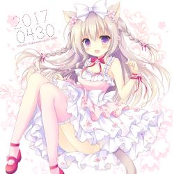 Rule 34 | 1girl, :d, animal ears, artist name, bad id, bad pixiv id, bare arms, blush, bow, braid, breasts, cat ears, cat girl, cat tail, cherry blossoms, cleavage, commentary request, dated, dress, flower, frilled thighhighs, frills, hair between eyes, hair bow, hair flower, hair ornament, hair ribbon, hasekura chiaki, layered dress, light brown hair, long hair, looking away, mary janes, open mouth, original, petals, pink dress, pink thighhighs, purple eyes, red footwear, red ribbon, ribbon, shoe flower, shoes, small breasts, smile, solo, tail, thighhighs, twin braids, very long hair, white bow, wrist ribbon