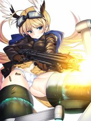 Rule 34 | 1girl, a9b (louis814), absurdres, ahoge, blue eyes, firing, gloves, goggles, goggles on head, groin, gun, hanna-justina marseille, head wings, highres, jacket, long hair, machine gun, mg42, military, military uniform, motion blur, muzzle flash, navel, no pants, panties, scarf, shell casing, solo, strike witches, striker unit, underwear, uniform, weapon, weapon request, white panties, wings, witches of africa, world witches series